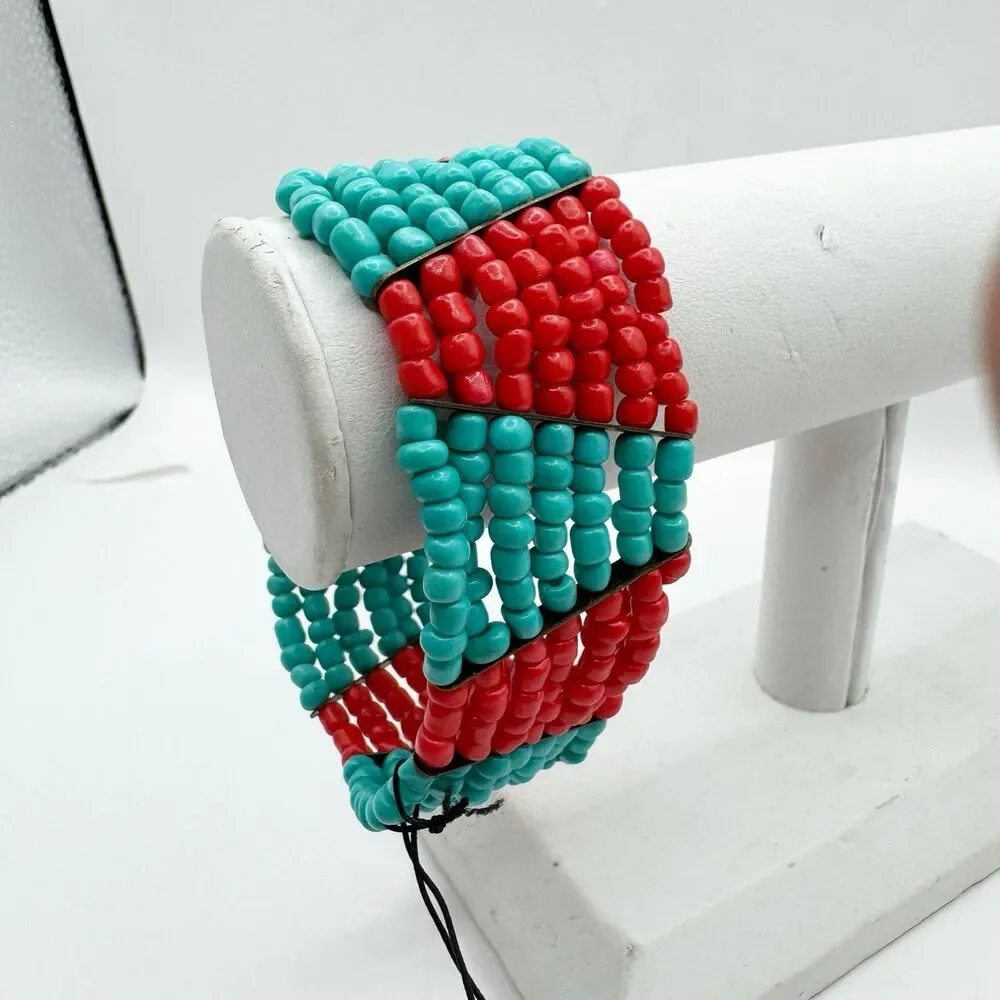 Coral Turquoise Glass Seed Bead Color Block Stretch Bracelet Boho Southwest